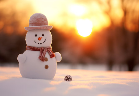Snowman in the snow at sunset. Christmas and New Year concept. Winter HD Wallpaperの素材