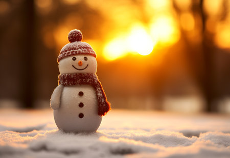 Snowman in the snow at sunset. Christmas and New Year concept. Winter HD Wallpaperの素材