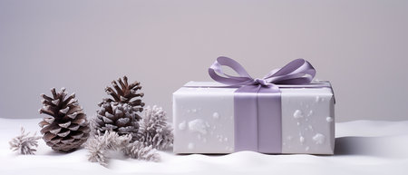 Christmas gift with purple ribbon and pine cones on white background. 3d rendering. winter background theme. HD Wallpaperの素材