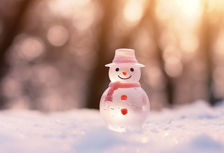 Snowman in hat and scarf standing in the snow. Christmas background. Winter HD Wallpaperの素材