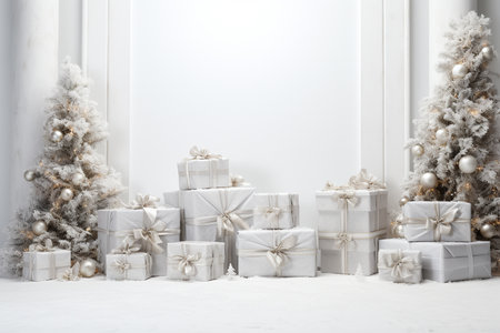 White Christmas gift boxes with ribbons in front of the white wall. winter background theme. HD Wallpaperの素材