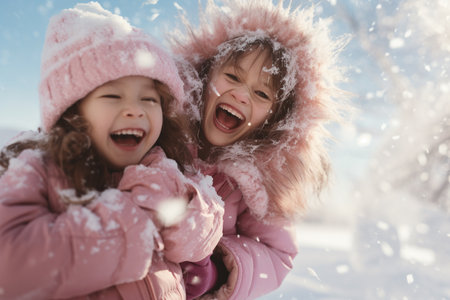 Two little girls having fun in the snow on a sunny winter dayの素材