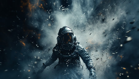 Astronaut in spacesuit flying in dark space. Mixed mediaの素材