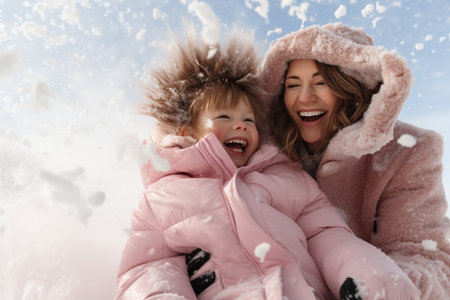 happy mother and daughter in winter clothes having fun on snowfall outdoorsの素材