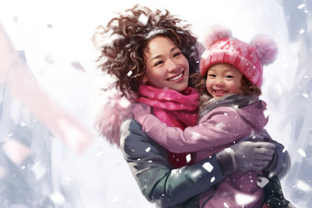 christmas, winter, happiness and people concept - smiling mother and daughter hugging over snow backgroundの素材