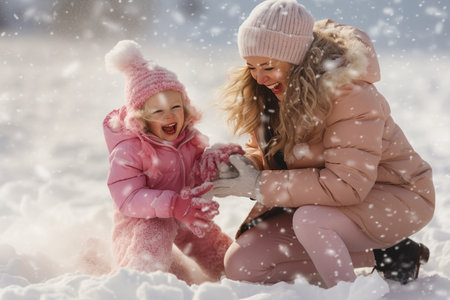 Mother and daughter playing in the snow. Winter holidays. Happy family.の素材