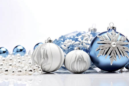 Blue and silver christmas baubles on a white background with reflectionの素材
