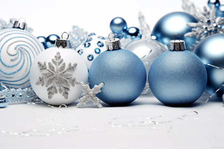 Blue and white christmas ornaments on a white wooden backgroundの素材