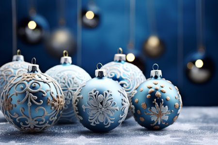 Blue christmas balls on a blue background with bokeh effectの素材