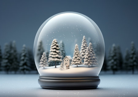 Snow globe with christmas trees and house in snowy forest. 3D renderingの素材