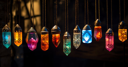 Colorful Ramadan Kareem lamps hanging on the wall at night.の素材