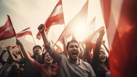Group of asian people cheering for their favorite football team with red and white flagの素材