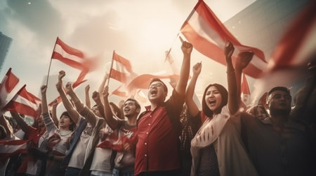 Group of cheering people holding the flags of the countries of the worldの素材
