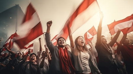Crowd of cheering people with flags at a music festival or concertの素材