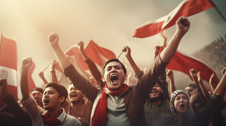 Crowd cheering with flags during a concert in a big city.の素材