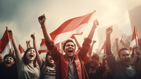 Group of cheering people with Indonesia flag in the city. Independence Day concept.の素材