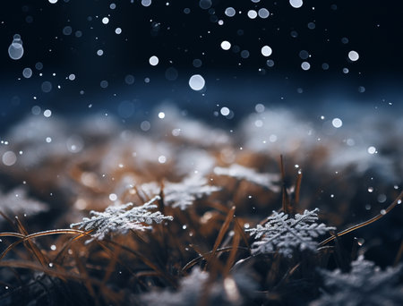 Frozen grass with snowflakes on dark background, shallow depth of fieldの素材