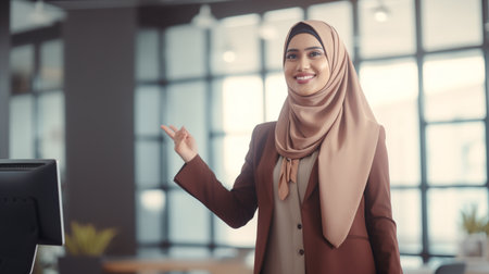 portrait of happy muslim businesswoman pointing at computer in officeの素材