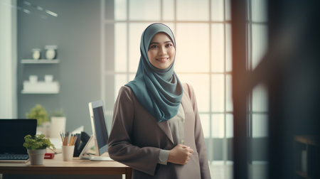 portrait of muslim businesswoman with crossed arms in modern officeの素材