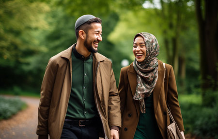 portrait of happy asian muslim couple walking in autumn parkの素材