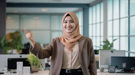 muslim businesswoman showing thumbs up in modern office. asianの素材