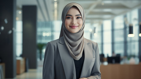portrait of asian businesswoman wearing hijab and smiling at cameraの素材