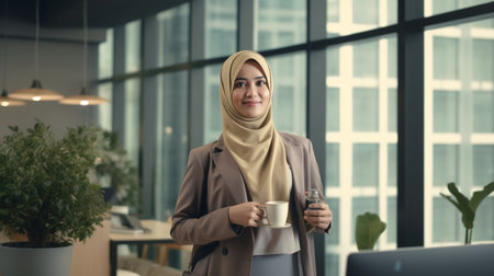 portrait of muslim businesswoman with coffee cup in modern officeの素材