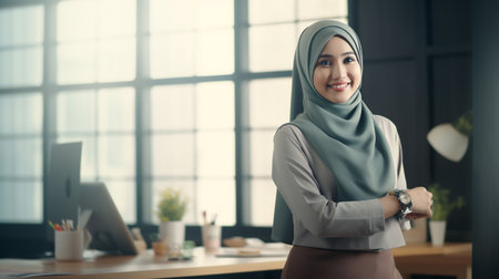 portrait of smiling asian muslim businesswoman standing in modern office. Business conceptの素材