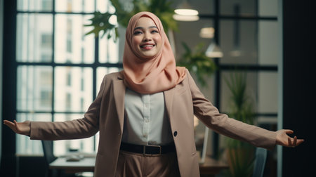 portrait of smiling asian muslim businesswoman standing in modern office. Business conceptの素材