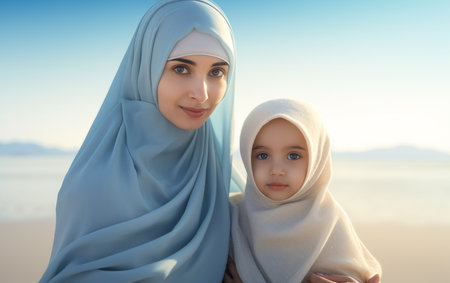 Beautiful muslim woman with her little daughter on the beach.の素材