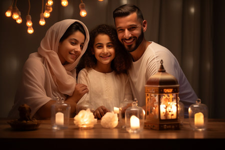 Beautiful Muslim family celebrating Eid al-Fitr together at home during ramadan kareemの素材
