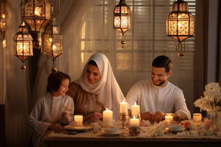 Beautiful Muslim family celebrating Eid al-Fitr together at home during ramadan kareemの素材