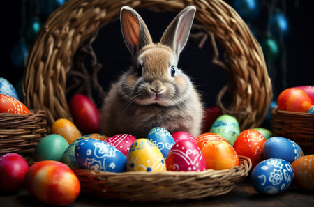 Easter bunny and colorful eggs on wooden background. Happy Easter!の素材