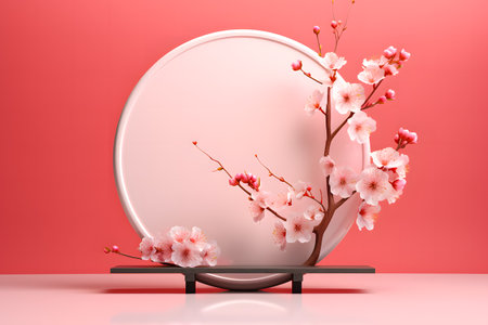 Blank round frame with cherry blossom branch on pink background. 3D renderingの素材