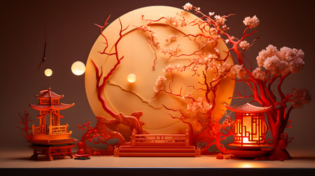3D Illustration of a Chinese Lunar New Year Lantern Festival.の素材