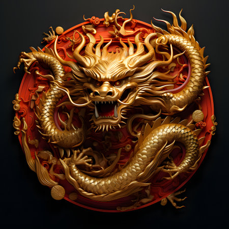 Golden dragon with chinese zodiac circle on red black background. Chinese new year conceptの素材
