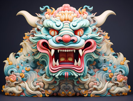 3D Chinese dragon lion statue on light background. Chinese new year concept. 3D renderingの素材