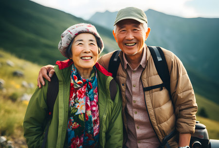 Happy asian senior couple hiking in the mountains. Lifestyle and active life concept.の素材