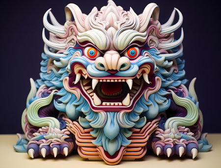 3D Chinese dragon lion statue on light background. Chinese new year concept. 3D renderingの素材
