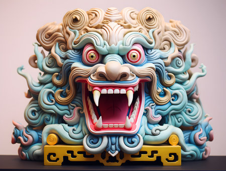 3D Chinese dragon lion statue on light background. Chinese new year concept. 3D renderingの素材