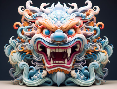 3D Chinese dragon lion statue on light background. Chinese new year concept. 3D renderingの素材