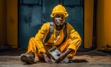 Portrait of African-American male worker in uniform and safety helmet sitting on ground at construction siteの素材