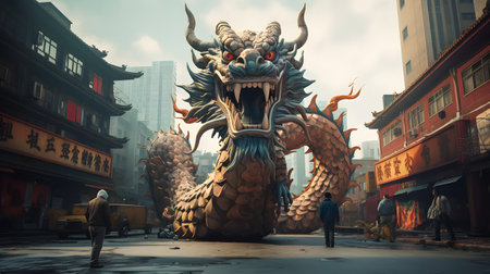 3D chinese dragon on the street in the city while chinese new year festival. Chinese Dragon Backgroundの素材