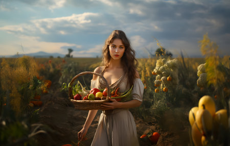 Young beautiful woman with basket of vegetables in the field at sunset.の素材