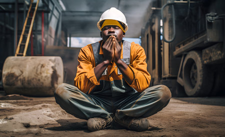 Portrait of African-American male worker in uniform and safety helmet sitting on ground at construction siteの素材