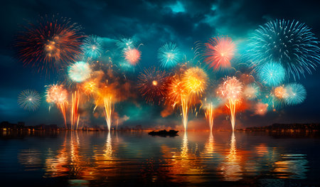 Colorful fireworks of various colors over night sky with reflection on waterの素材