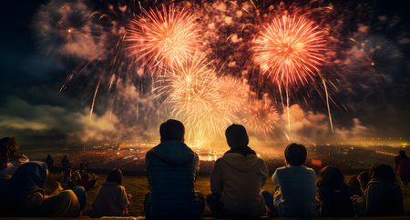 Group of people watching fireworks in the night sky. Selective focus.の素材