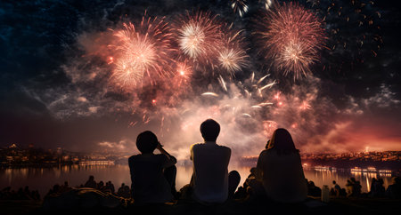 Silhouette of a family watching fireworks on the night background of the city. Chinese New Yearの素材