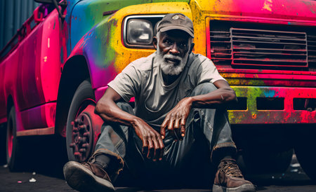 Indian man sitting on the ground in front of a painted truck.の素材