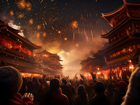 Chinese New Year festival and Fireworks over the Forbidden City in Beijing, Chinaの素材
